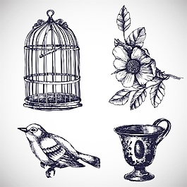 黑白鳥籠與鳥矢量素材