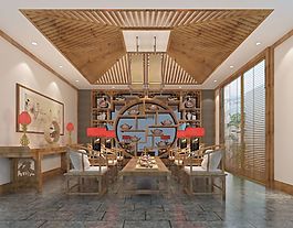 中式家裝餐廳會(huì)客廳模型