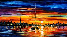 絢麗夕陽碼頭風景畫背景墻