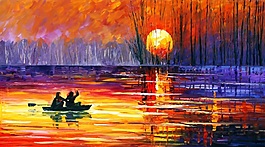 夕陽泛舟油畫背景墻