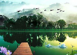 3D树木倒影天鹅湖背景墙