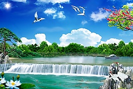 3D中式山水風(fēng)景畫瀑布仙鶴背景墻