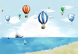 3D海滩帆船热气球背景墙