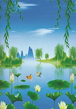 3D高清池塘荷花游鸭背景墙
