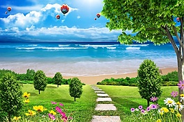 3D绿地海滩热气球背景墙