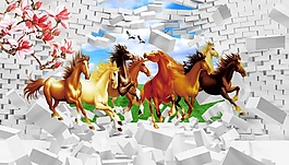 3D八駿圖梅花背景墻