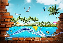3D立體夏威夷窗外風景背景墻