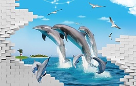 3D立體感海洋海豚灣背景墻墻畫壁畫