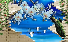 中式3D立體仙鶴孔雀背景墻墻畫(huà)壁畫(huà)