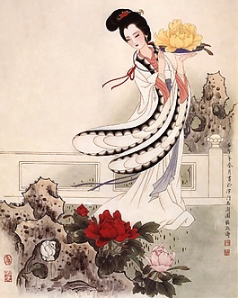 園中女子采花背景墻素材