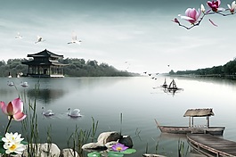 泛舟湖中背景墻素材