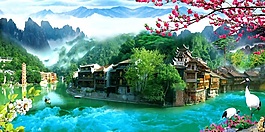 云霧繚繞仙鶴人家背景墻素材