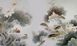 魚鳥嬉戲圖背景墻素材
