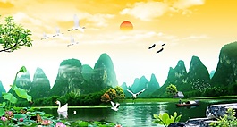 中式風(fēng)格青山紅日背景墻效果