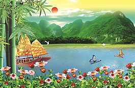 日出東山室內(nèi)移門創(chuàng)意畫