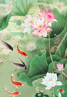 五魚嬉戲玉石瓷磚背景墻