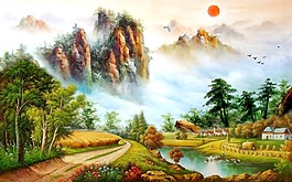 3D彩繪青山綠水背景墻