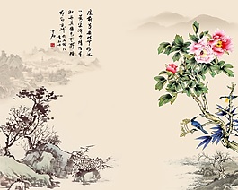 3D喜鵲山水手繪畫背景墻