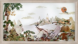 中式手繪山水牧羊圖瓷磚背景墻