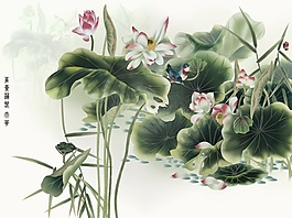 3D中式水墨水上荷花背景墻