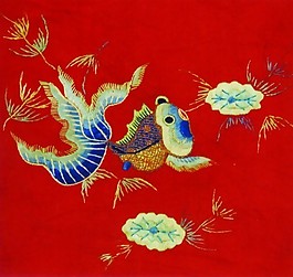 兩蓮葉一金魚布紋圖