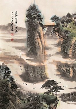 山水画瓷砖背景墙带路径