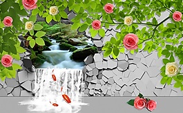 瀑布鯉魚玫瑰室內(nèi)瓷磚背景墻