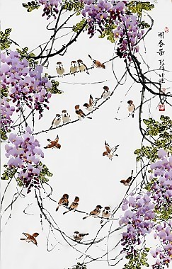 葡萄麻雀瓷磚高清背景墻