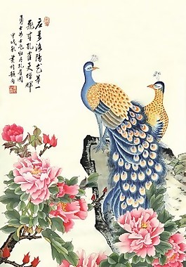 孔雀牡丹瓷磚高清背景墻