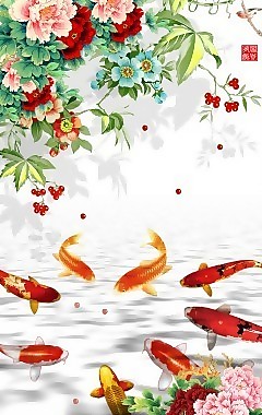 錦鯉牡丹瓷磚高清背景墻