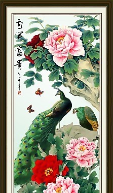 孔雀牡丹瓷磚高清背景墻