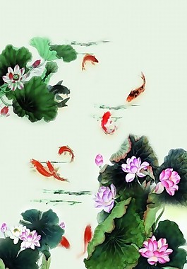 魚戲荷葉間背景墻素材