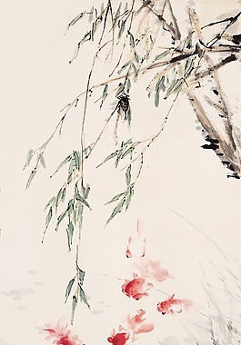 金魚柳葉水墨畫