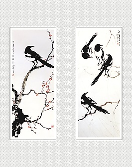 黃鸝梅花樹嬉戲水墨
