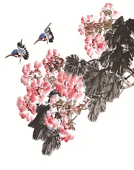 水墨紅花精美黃鸝嬉戲圖