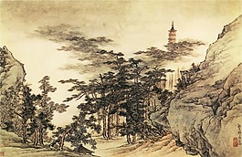 樹林古塔山水畫
