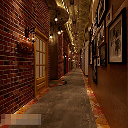 復(fù)古酒店過道室內(nèi)3D模型效果圖