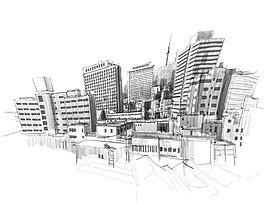 黑白素描城市建筑插畫