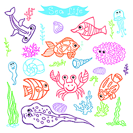 手繪卡通可愛的海洋生物插畫