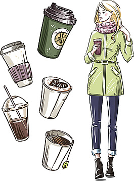 手繪女生和咖啡插畫