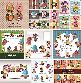 卡通動物卡片矢量圖