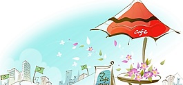 紅色亭子手繪風(fēng)景背景矢量