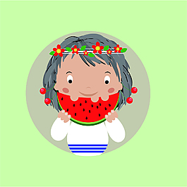 吃西瓜帶花環(huán)的小女孩
