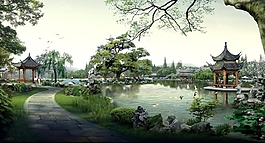 園林湖心亭景觀效果圖片
