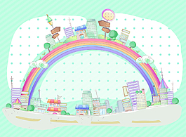 矢量卡通手繪兒童插畫彩虹城市背景