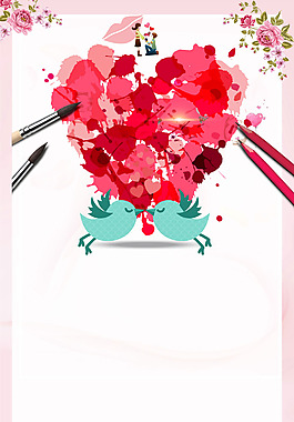 紅色心形花朵小鳥(niǎo)H5背景素材