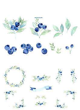 藍(lán)色小清新手繪花卉花朵花環(huán)藍(lán)莓背景素材