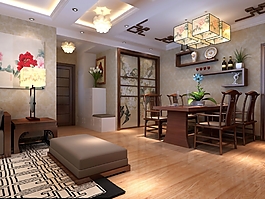 簡約深色系客廳餐廳原木家具效果圖