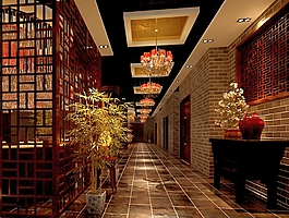 古風(fēng)復(fù)古風(fēng)格餐廳過道效果圖設(shè)計