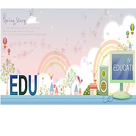 彩虹樹木氣球春天banner矢量背景圖